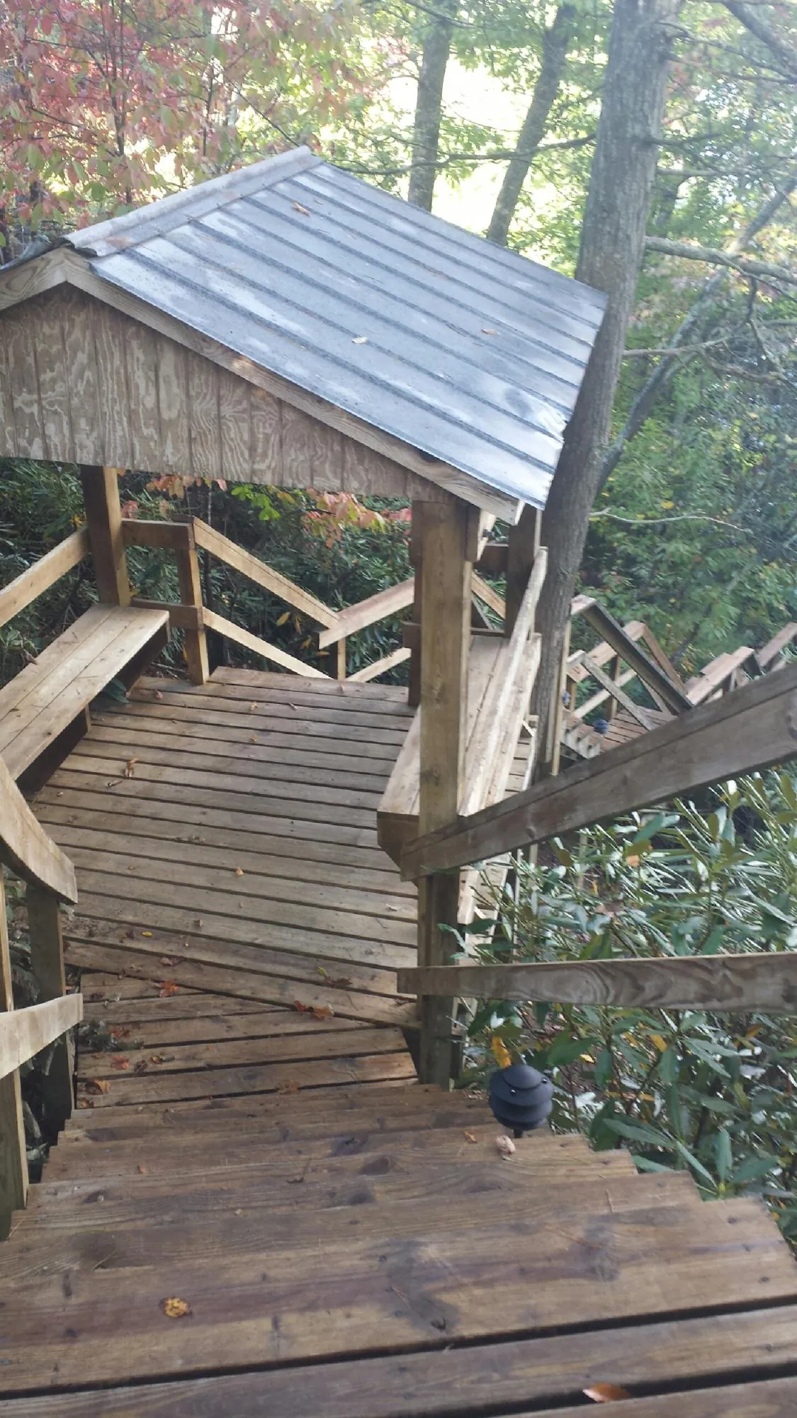 Metal roofed shelter over wooden steps on a wooded walkway — Skylight Repair & Installation work by our crew in Stinson Beach